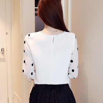 long sleeve women blouse shirt fashion 2019 chiffon womens clothing sweet o-neck black dot white feminine tops blusas d383 30