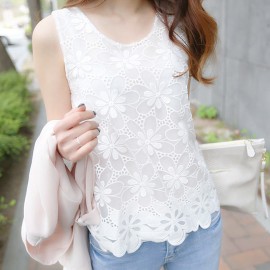 Women Blouse Shirt Femininas Summer Fashion Woman Lace Elegant Sleeveless Blusas Crochet Casual Shirts Flower Tops Plus Size