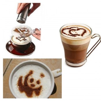 Chocolate Shaker Cocoa Flour Icing Sugar Powder Coffee Sifter+16Pcs Coffee Stencils Template Duster Spray Stainless Coffee Tools