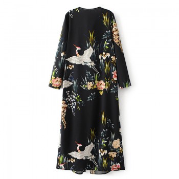 Vintage Elegant Flower Crane Print With Sashes Kimono Women 2018 New Fashion Bandage Cardigan V Neck Blouse Casual Femme Blusas