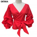2018 Summer Puff Sleeve White Blouse with Belt Women Sexy V Neck Woman Shirt Elegant Plaid Tops Formal Clothing for Office lady