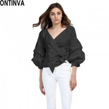 2018 Summer Puff Sleeve White Blouse with Belt Women Sexy V Neck Woman Shirt Elegant Plaid Tops Formal Clothing for Office lady