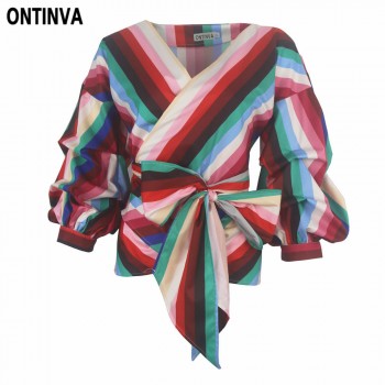 2018 Summer Puff Sleeve White Blouse with Belt Women Sexy V Neck Woman Shirt Elegant Plaid Tops Formal Clothing for Office lady