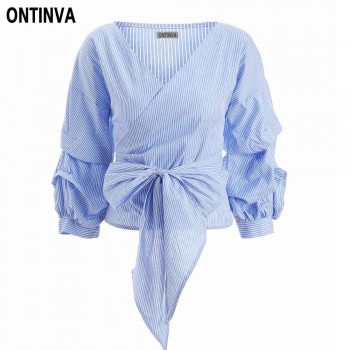 2018 Summer Puff Sleeve White Blouse with Belt Women Sexy V Neck Woman Shirt Elegant Plaid Tops Formal Clothing for Office lady