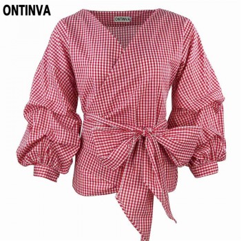 2018 Summer Puff Sleeve White Blouse with Belt Women Sexy V Neck Woman Shirt Elegant Plaid Tops Formal Clothing for Office lady