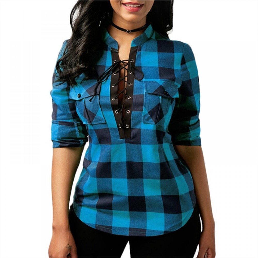 Women Plaid Shirts 2018 Spring Long Sleeve Blouses Shirt Office Lady Cotton Lace up Shirt Tunic Casual Tops Plus Size Blusas