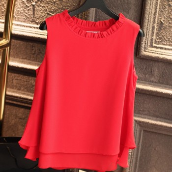 2019 Summer New Fashion Double layer Women Chiffon blouse Ruffled collar blouses Loose sleeveless Chiffon shirts,Free shipping