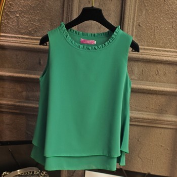 2019 Summer New Fashion Double layer Women Chiffon blouse Ruffled collar blouses Loose sleeveless Chiffon shirts,Free shipping