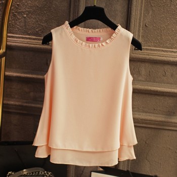 2019 Summer New Fashion Double layer Women Chiffon blouse Ruffled collar blouses Loose sleeveless Chiffon shirts,Free shipping
