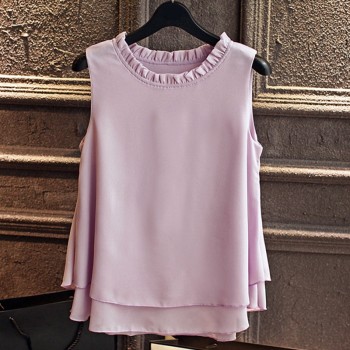 2019 Summer New Fashion Double layer Women Chiffon blouse Ruffled collar blouses Loose sleeveless Chiffon shirts,Free shipping