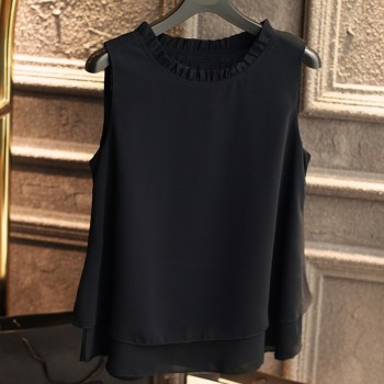 2019 Summer New Fashion Double layer Women Chiffon blouse Ruffled collar blouses Loose sleeveless Chiffon shirts,Free shipping