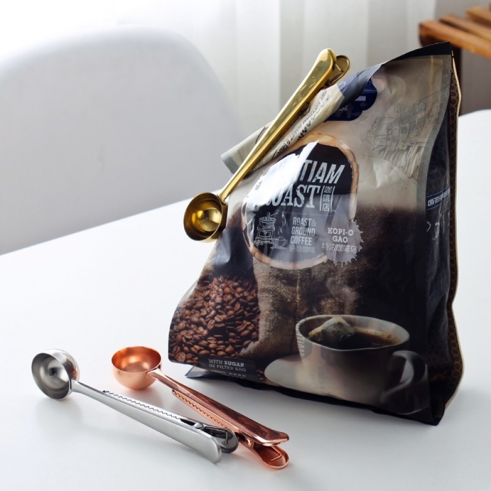 eTya 1PC Multifunction Stainless Steel Food Spoon Milk Tea Ground Coffee Scoops With Bag Clip Sealing Powder Drinkware Tools