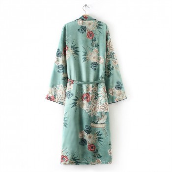 2018 New Vintage Pareo Retro Floral Print Green Long Kimono Jacket Long Sleeve Cardigan Maxi Shawl Summer Tops Belted Beachwear