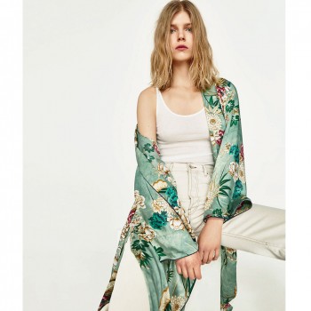 2018 New Vintage Pareo Retro Floral Print Green Long Kimono Jacket Long Sleeve Cardigan Maxi Shawl Summer Tops Belted Beachwear