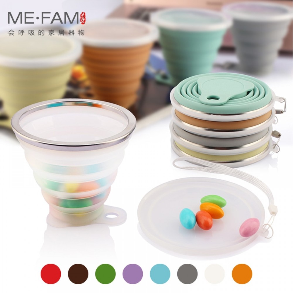 ME.FAM 270ml Stainless Steel Silicone Folding Cup With Lanyard / Dustproof Cover Lid Outdoor Coffee Cups Retractable Travel Copa