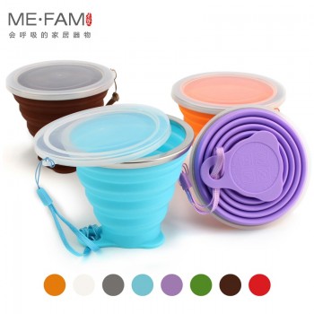 ME.FAM 270ml Stainless Steel Silicone Folding Cup With Lanyard / Dustproof Cover Lid Outdoor Coffee Cups Retractable Travel Copa