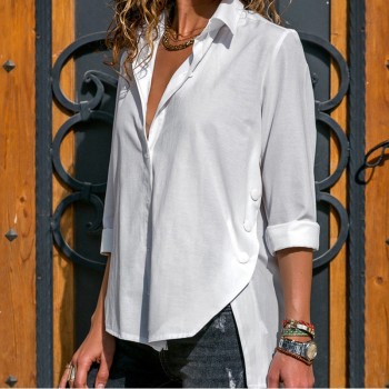 Womens Office Lady Chiffon Irregular Shirt Solid Long Sleeve Female Blouse With Button 2019 Spring Autumn Tops Plus Size 5XL