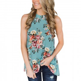 Elegant Sleeveless Halter Womens Chiffon Tops Blouses Vintage Floral Printed Summer Boho Beach Shirts Backless Slim Blusas Mujer