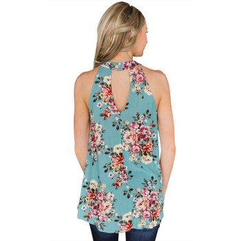 Elegant Sleeveless Halter Womens Chiffon Tops Blouses Vintage Floral Printed Summer Boho Beach Shirts Backless Slim Blusas Mujer