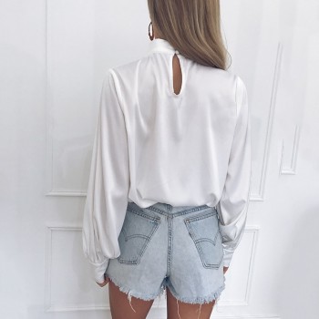 2019 New Spring Autumn Hot Europe Pullovers Women Long Lantern Sleeve Turtleneck Female Silk Blouse and Shirt Casual Tops 8L1044