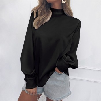 2019 New Spring Autumn Hot Europe Pullovers Women Long Lantern Sleeve Turtleneck Female Silk Blouse and Shirt Casual Tops 8L1044