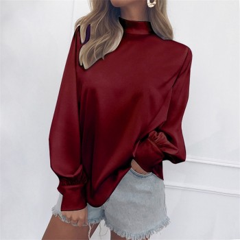 2019 New Spring Autumn Hot Europe Pullovers Women Long Lantern Sleeve Turtleneck Female Silk Blouse and Shirt Casual Tops 8L1044