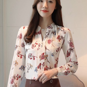 2018 V-Neck Chiffon Blouses Slim Women Chiffon Blouse Womens Tops And Blouses Autumn Fashion Office Work Wear Shirts Z0001