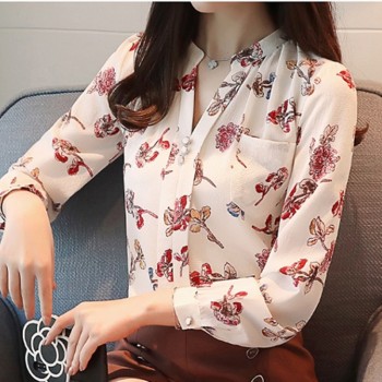 2018 V-Neck Chiffon Blouses Slim Women Chiffon Blouse Womens Tops And Blouses Autumn Fashion Office Work Wear Shirts Z0001