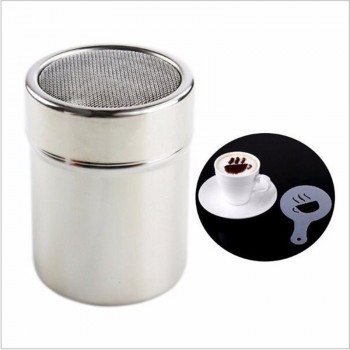 Stainless Chocolate Shaker Cocoa Flour Icing Sugar Powder Coffee Sifter+ 16Pcs Coffee Stencils Template Strew Pad Duster Spray