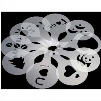 Stainless Chocolate Shaker Cocoa Flour Icing Sugar Powder Coffee Sifter+ 16Pcs Coffee Stencils Template Strew Pad Duster Spray