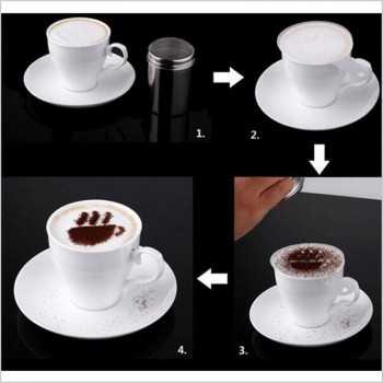 Stainless Chocolate Shaker Cocoa Flour Icing Sugar Powder Coffee Sifter+ 16Pcs Coffee Stencils Template Strew Pad Duster Spray
