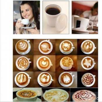 Stainless Chocolate Shaker Cocoa Flour Icing Sugar Powder Coffee Sifter+ 16Pcs Coffee Stencils Template Strew Pad Duster Spray