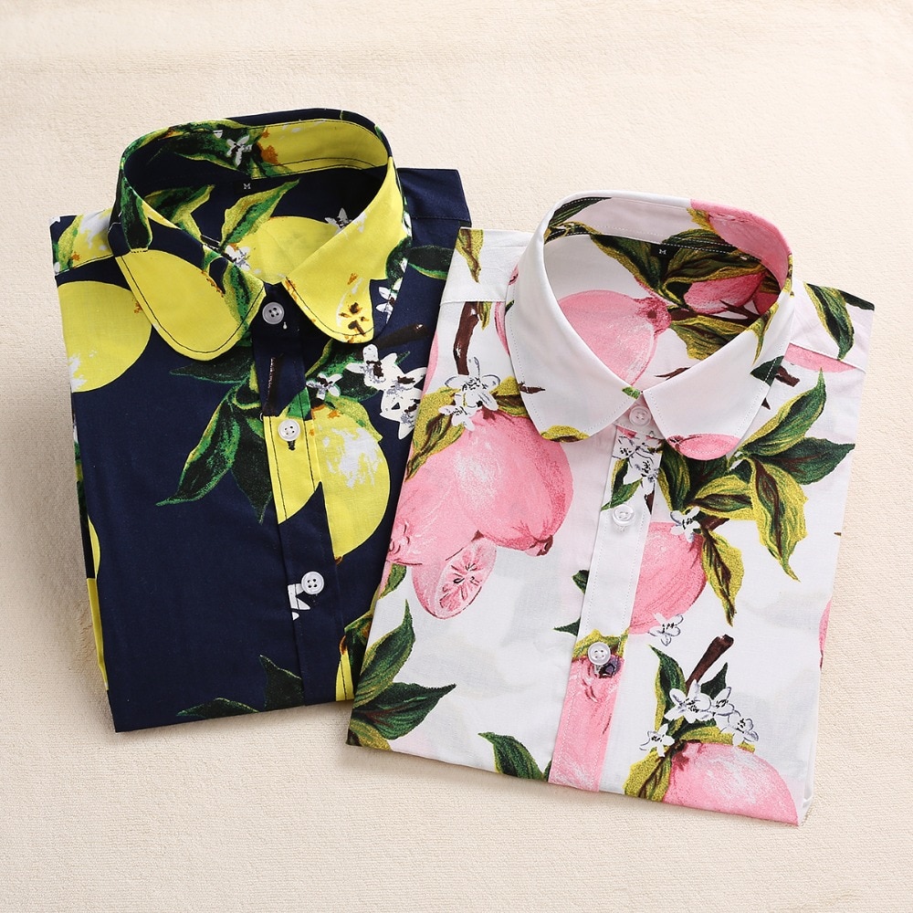 2018 Summer Cotton Women Blouses Fruit Print Shirts Long Sleeve Women Shirt Turn Down Collar Bohemia Casual Blouse Blusas 5XL