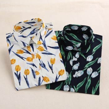2018 Summer Cotton Women Blouses Fruit Print Shirts Long Sleeve Women Shirt Turn Down Collar Bohemia Casual Blouse Blusas 5XL