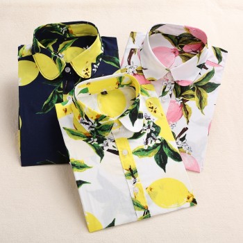 2018 Summer Cotton Women Blouses Fruit Print Shirts Long Sleeve Women Shirt Turn Down Collar Bohemia Casual Blouse Blusas 5XL