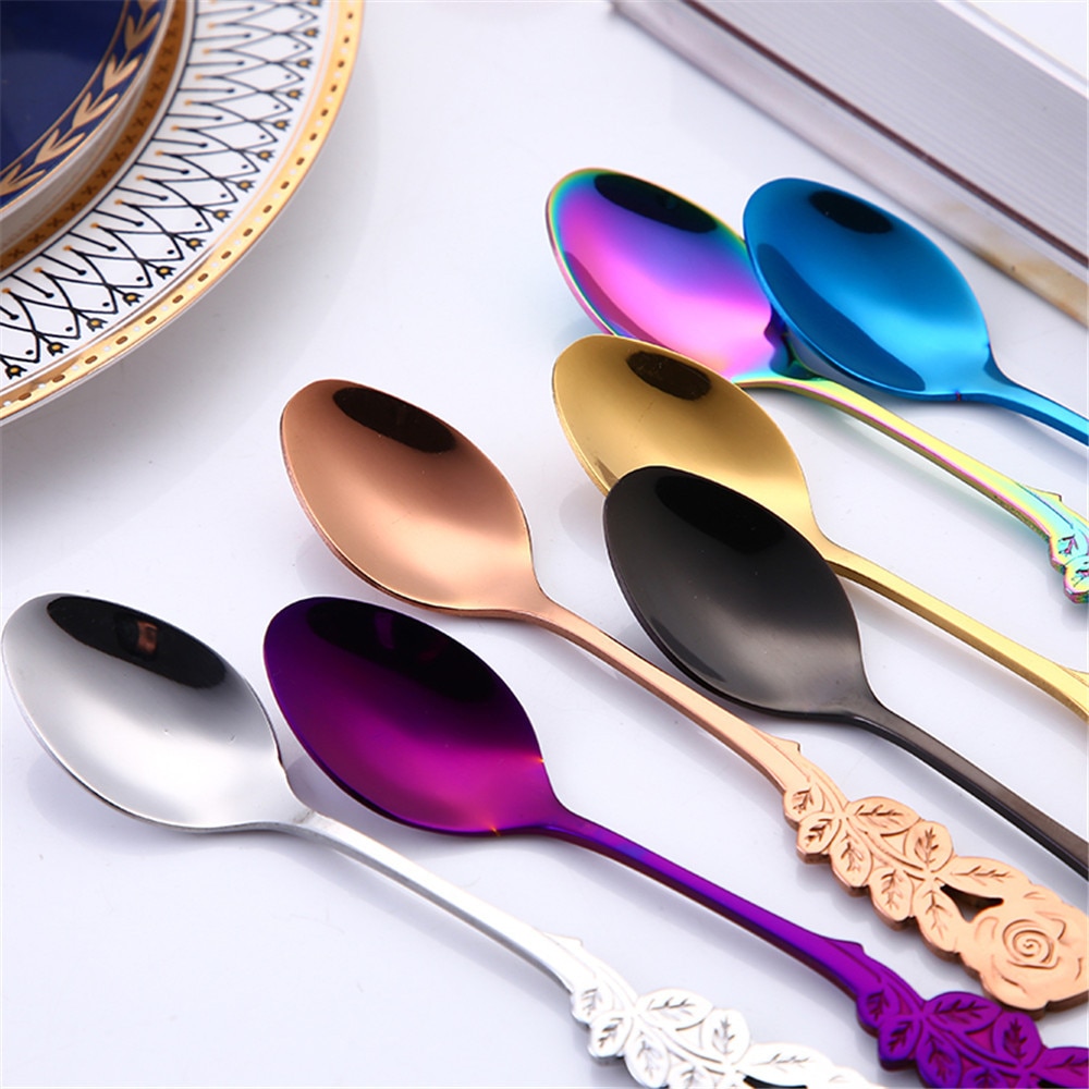 Small Mini Stainless Steel Flower Coffee Spoon Strring Spoon Teaspoon Tea Spoon Dessert Spoon Long Handle Tableware Gold 11.1