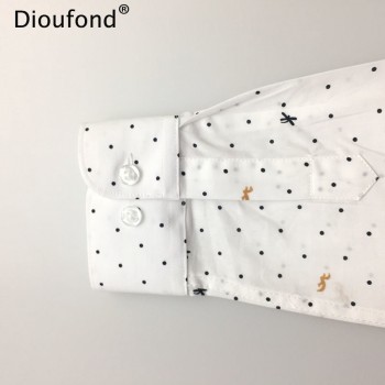 Dioufond Polka Dot Printed Blouse Shirt Women Long Sleeve Cotton Work Wear Blouses White Print Blusa Feminina Navy Top 2017