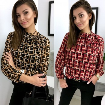 BEFORW Women Elegant Bow Tie Blouse Shirt 2019 Spring Ladies Letter Print Long Sleeve Chiffon Blouses Tops Casual Shirts Blusas