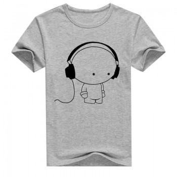 MR K Young Men Short Sleeve T-Shirt Headphone Man Cartoon Pattern Print T-Shirt Fashion Casual Round Neck Slim Fit Top Male