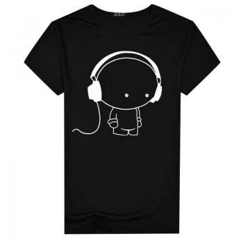 MR K Young Men Short Sleeve T-Shirt Headphone Man Cartoon Pattern Print T-Shirt Fashion Casual Round Neck Slim Fit Top Male