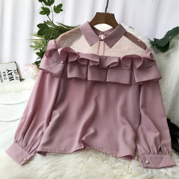 Neploe Mesh See-through Patchwork Shirts Turn-down Collar Solid Ruffles Blusas Long Sleeve Autumn Chiffon Women Blouse 68526