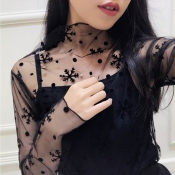 Lady Sexy Mesh Blouse Women Tops Long Sleeve Stand Collar Female Casual Polka Dot Star Shirt Transparent Elegant Tees Hollow Out