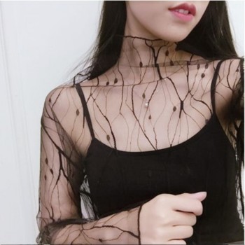 Lady Sexy Mesh Blouse Women Tops Long Sleeve Stand Collar Female Casual Polka Dot Star Shirt Transparent Elegant Tees Hollow Out