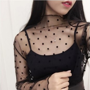 Lady Sexy Mesh Blouse Women Tops Long Sleeve Stand Collar Female Casual Polka Dot Star Shirt Transparent Elegant Tees Hollow Out