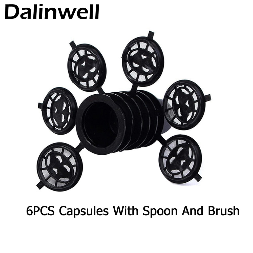 6PCS Reusable Nespresso Coffee Capsules Cup With Spoon Brush Black Refillable Coffee Capsule Refilling Filter Coffeeware Gift