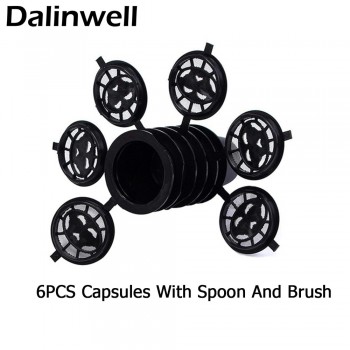 6PCS Reusable Nespresso Coffee Capsules Cup With Spoon Brush Black Refillable Coffee Capsule Refilling Filter Coffeeware Gift