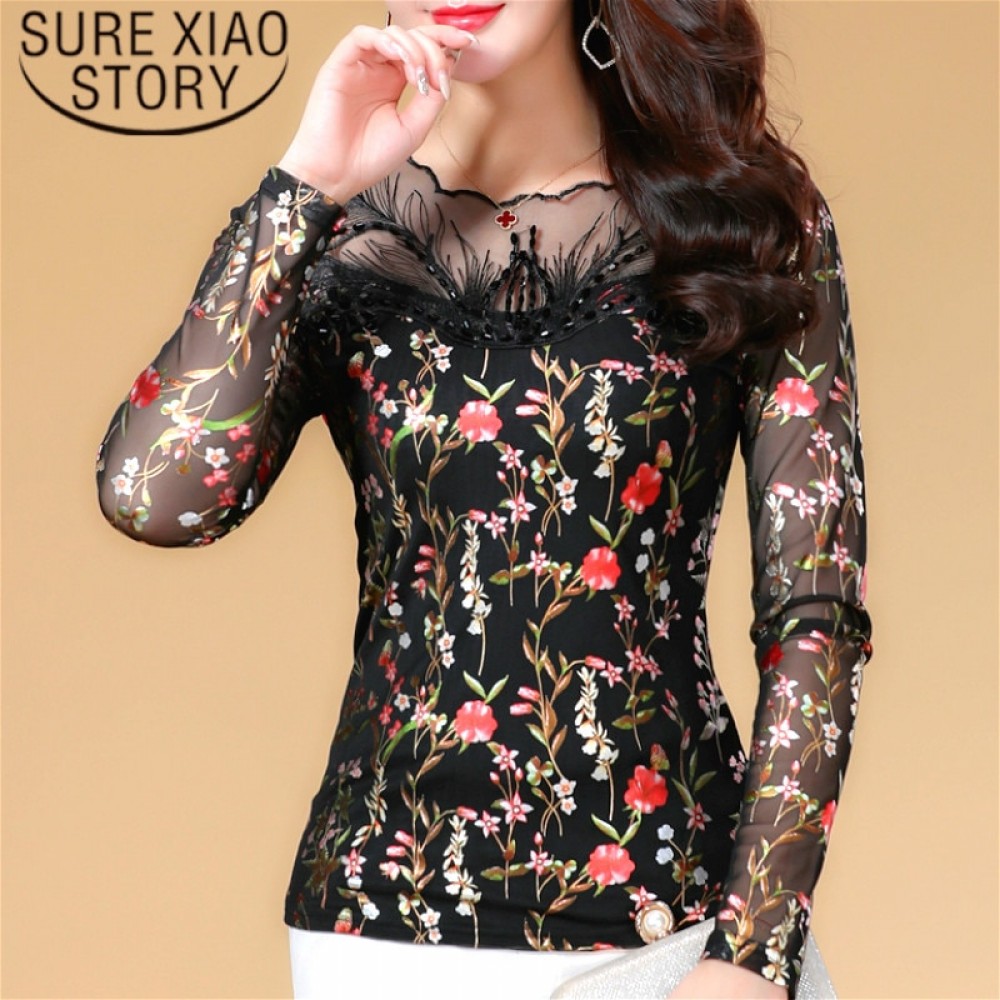 blusas mujer de moda 2018 lace blouse harajuku  Hollow Out Full Office Lady  Regular  Floral  O-Neck Casual Slim fit 1455 45