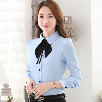 2017 Spring new women clothing long sleeve shirt OL elegant bow tie Formal chiffon blouse office ladies plus size work wear tops