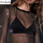 2017 Spring Summer Womens Sexy Black See Through Mesh Blouse Transparent Shining Fitness Shirt Fashion Tops For Party Club