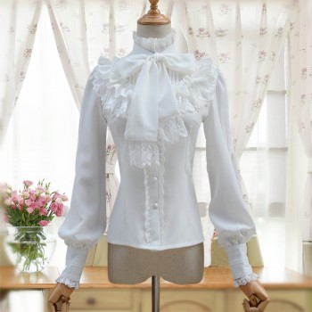 PYJTRL Vintage LOLITA Wine Red Black Blue White Long Sleeve Chiffon Shirt Women Stand Collar Elegant Blusas Female Gothic Blouse